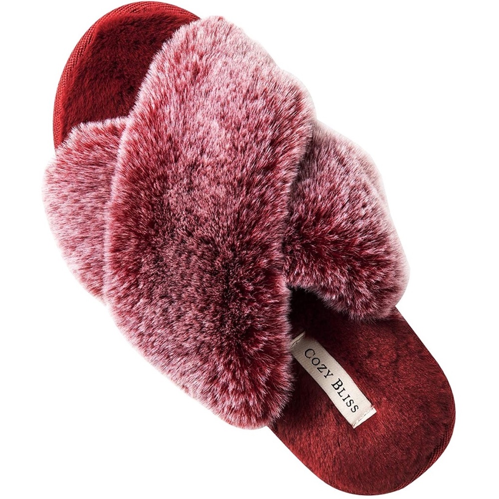 Faux Fur Cross Band Memory Foam Open Toe Fuzzy Fluffy House Slippers Burgundy